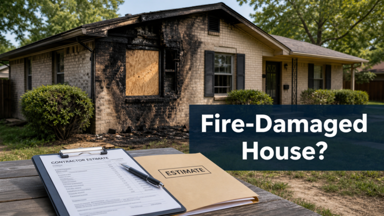 Fire-damaged Arkansas house with boarded window and contractor estimate paperwork