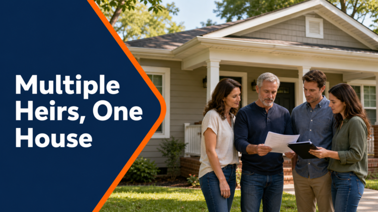 Multiple heirs reviewing inherited house paperwork in front of an Arkansas home