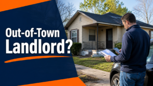 Out-of-town landlord reviewing paperwork outside an Arkansas rental house