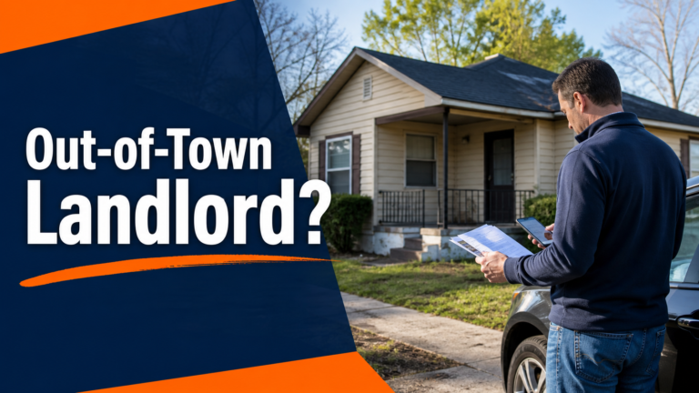 Out-of-town landlord reviewing paperwork outside an Arkansas rental house