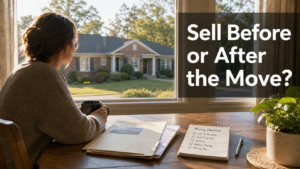 Adult child reviewing house paperwork while deciding whether to sell before or after an assisted living move