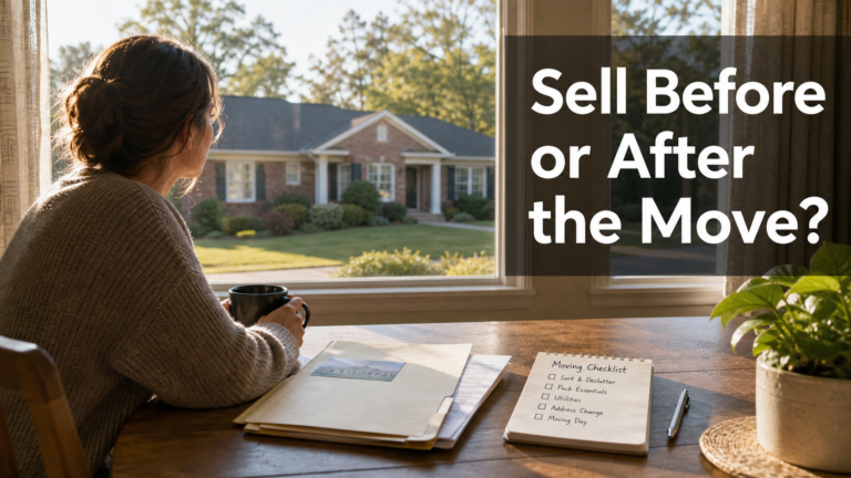 Adult child reviewing house paperwork while deciding whether to sell before or after an assisted living move