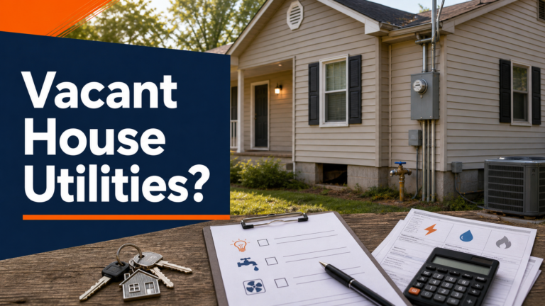 Vacant Arkansas house utilities decision cover with meter, water hookup, checklist, keys, and calculator