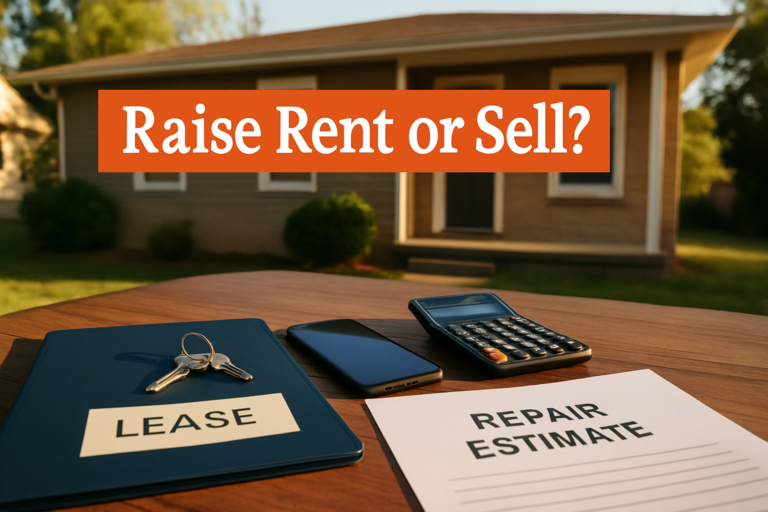 Arkansas rental house with keys, lease folder, calculator, and repair estimate for deciding whether to raise rent or sell
