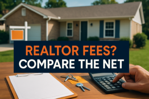 Arkansas home sale paperwork, calculator, keys, and fee comparison notes for comparing realtor fees and net proceeds
