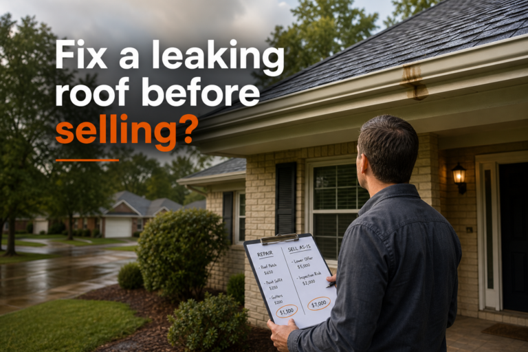 Arkansas homeowner comparing roof repair costs and selling a house as-is after a leak