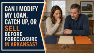 Central Arkansas homeowners calmly reviewing mortgage and home-sale options before a foreclosure sale