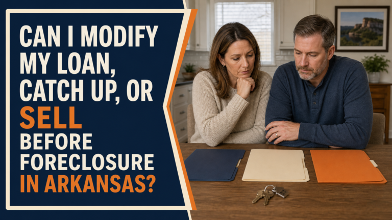 Central Arkansas homeowners calmly reviewing mortgage and home-sale options before a foreclosure sale