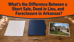 Arkansas homeowner decision scene with the question What's the Difference Between a Short Sale, Deed in Lieu, and Foreclosure in Arkansas?