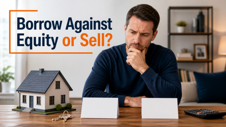 Homeowner comparing house equity papers and keys asking Borrow Against Equity or Sell?