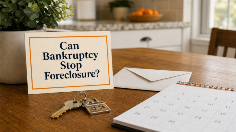 Central Arkansas homeowner reviewing a calendar, envelope, and house keys while considering bankruptcy and foreclosure