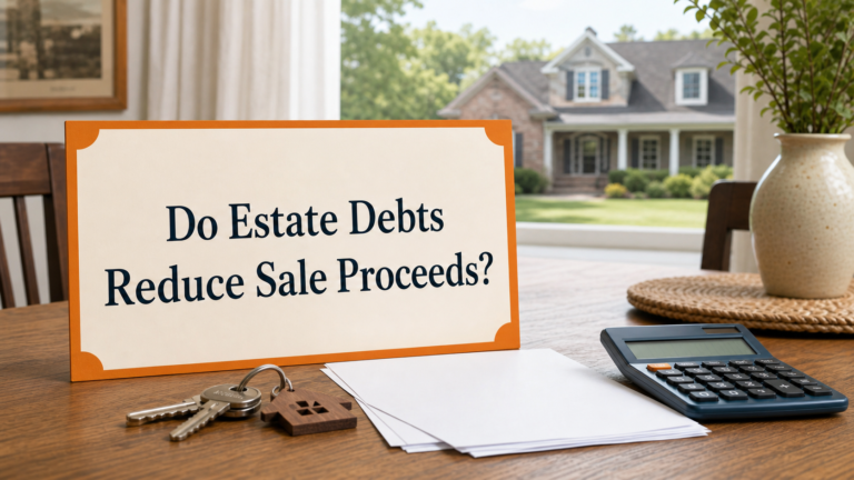 Calculator, house keys, and estate papers on a table for an inherited Arkansas house sale