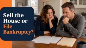 Arkansas homeowner comparing house-sale papers and a debt folder with the question Sell the House or File Bankruptcy?