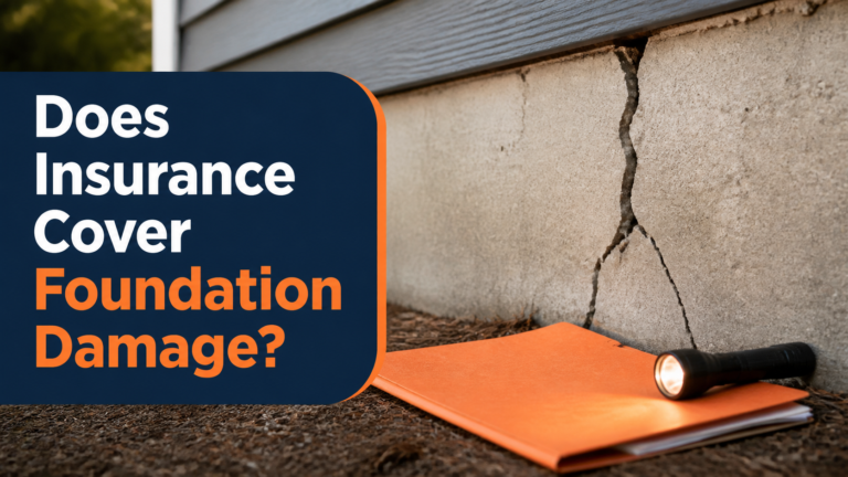 Close view of an Arkansas home foundation crack beside insurance papers with the question Does Insurance Cover Foundation Damage?
