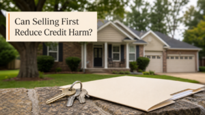 Arkansas house, keys, and credit file with the question Can Selling First Reduce Credit Harm?