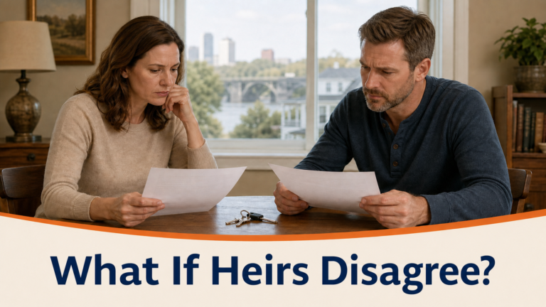 Two heirs calmly reviewing papers and house keys for an inherited Arkansas property