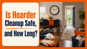 Protective cleanup supplies inside a cluttered house illustrating hoarder-house safety and timing