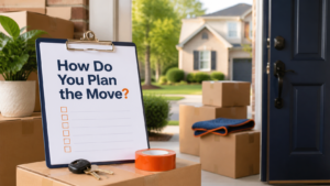 Moving boxes, keys, and home doorway asking How Do You Plan the Move?