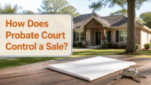 Arkansas house, court papers, and keys with the question How Does Probate Court Control a Sale?
