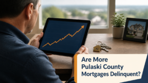 Pulaski County homeowner reviewing an upward mortgage trend graph beside house keys