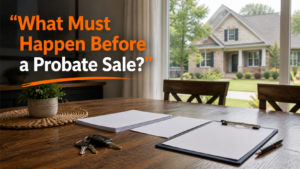 Arkansas estate papers, house keys, and a property file with the question What Must Happen Before a Probate Sale?