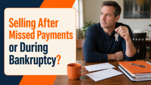 House keys and payment papers illustrating a home sale during bankruptcy or after missed payments