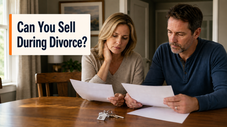 Arkansas couple reviewing home sale papers and house keys during divorce