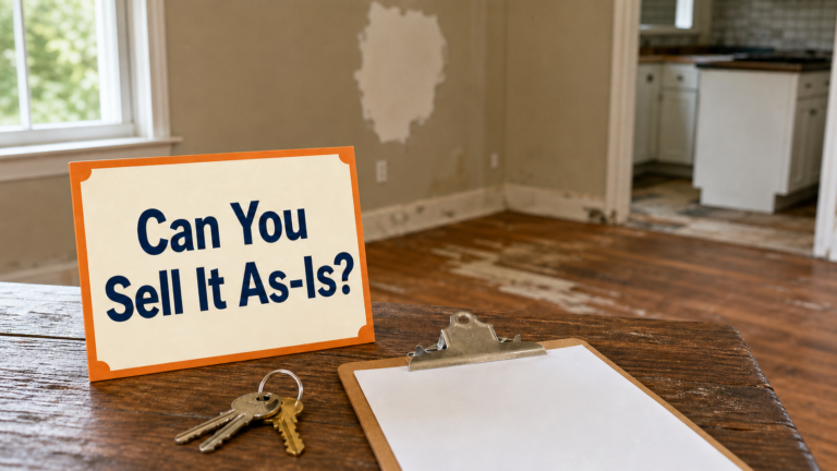 Worn Arkansas house interior with keys and a blank clipboard for an as-is sale