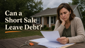 Arkansas homeowner reviewing blank lender papers with the question Can a Short Sale Leave Debt?
