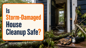 Storm-damaged house and safety gear illustrating safe cleanup decisions