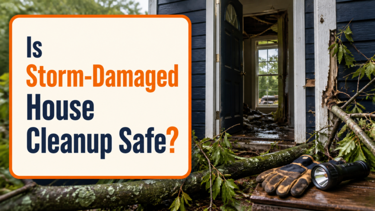 Storm-damaged house and safety gear illustrating safe cleanup decisions