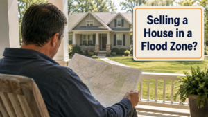 Homeowner reviewing a map beside a dry house, with the question Selling a House in a Flood Zone?