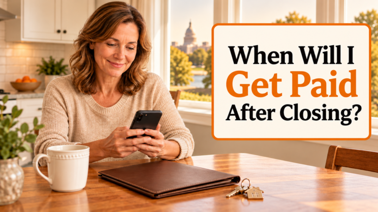 Homeowner checking a phone beside house keys and a brown folder, with orange and black wording: When Will I Get Paid After Closing?